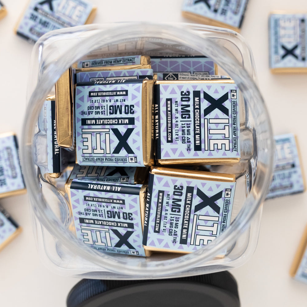a plastic jar of 30mg milk chocolate minis by xite