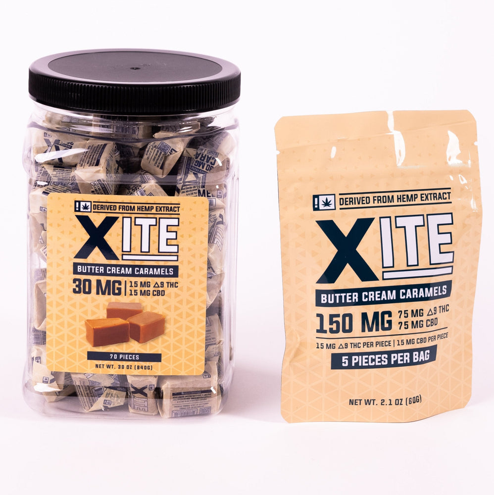 a jar of 30mg butter cream caramels and a bag of 150mg butter cream caramels