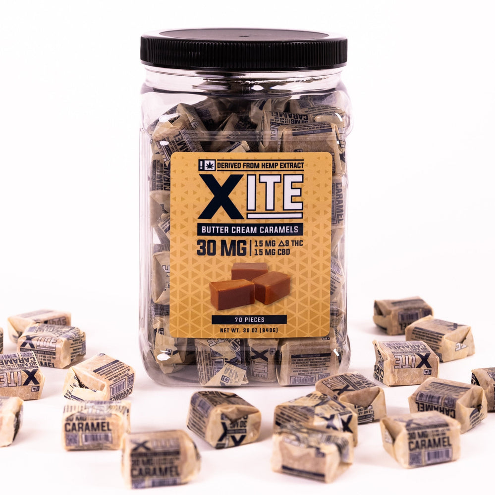a jar of 30mg butter cream caramels by xite