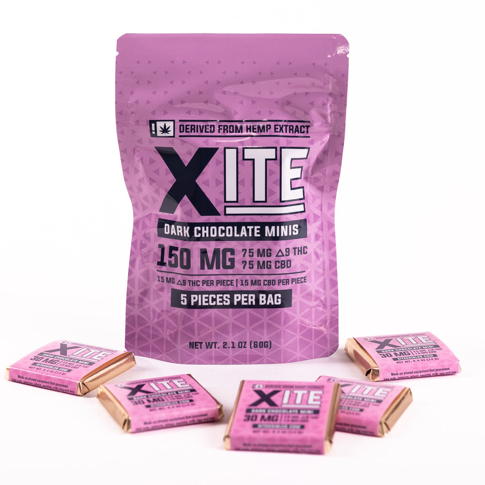 bag of 150mg dark chocolate minis by xite with individual minis surrounding