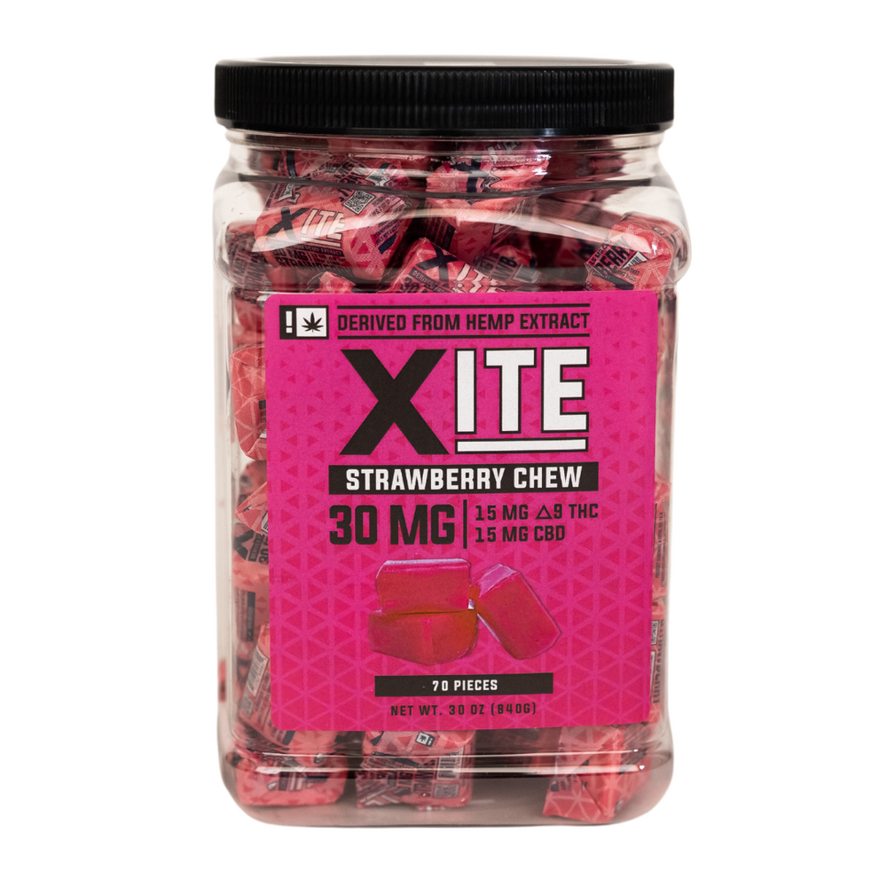 jar of 30mg strawberry chews by xite