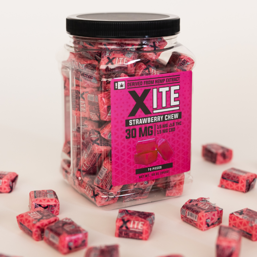 jar of 30mg strawberry chews by xite