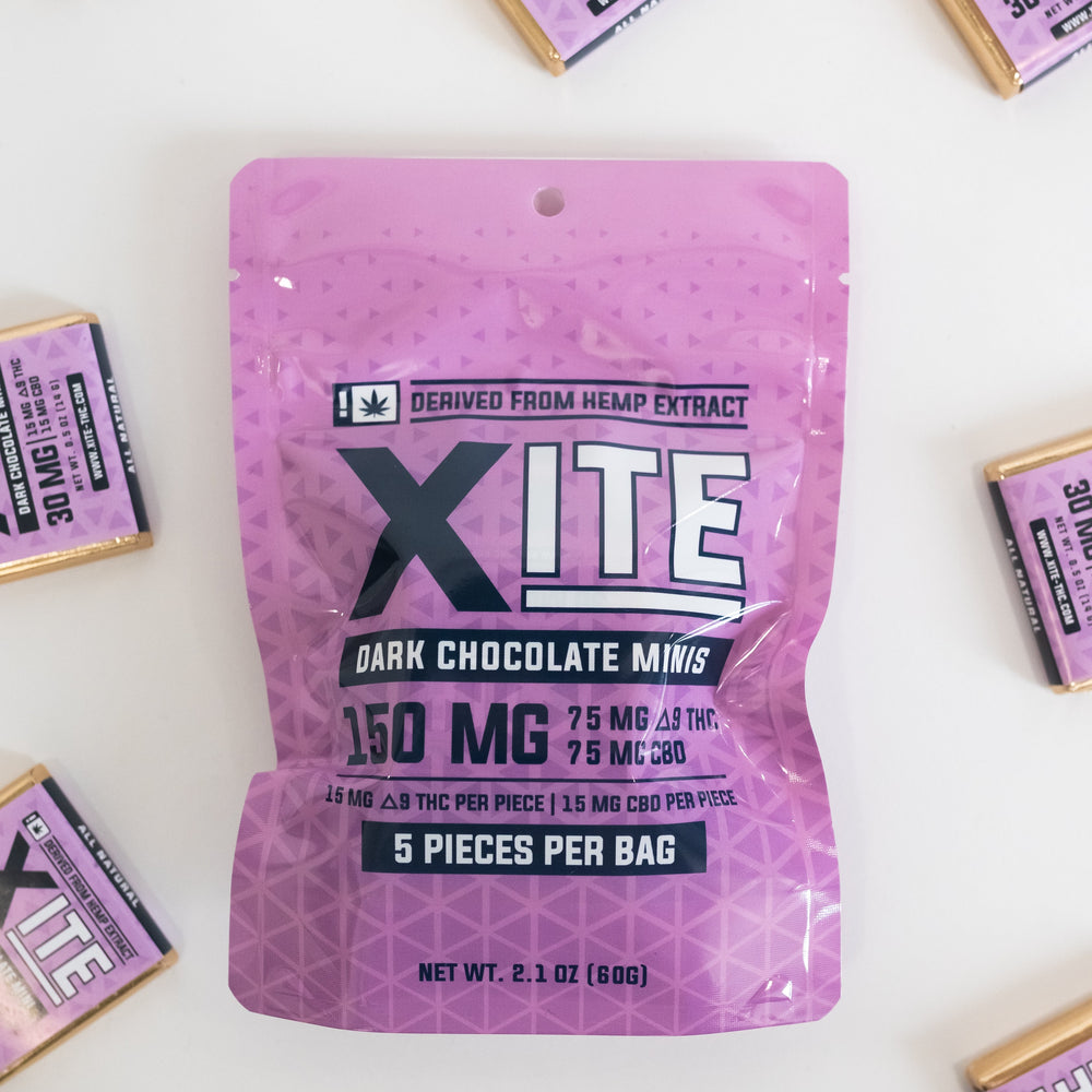 close up of a bag of dark chocolate minis 30mg by xite