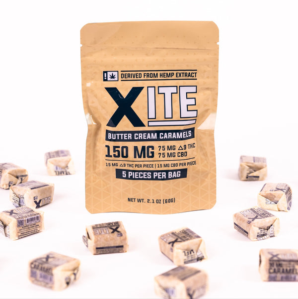 a bag of 150mg butter cream caramels by xite