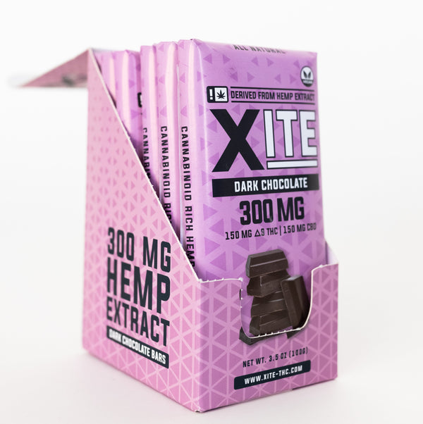 retail display of 300mg dark chocolate bars by xite