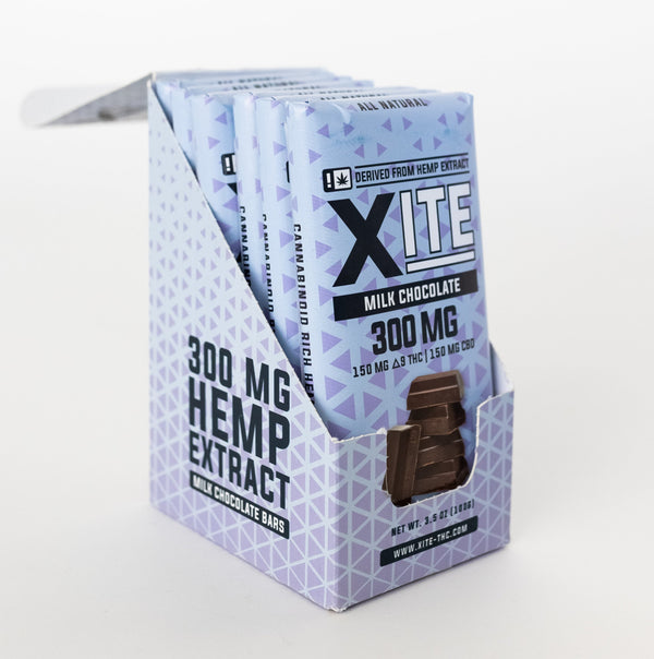 retail display of 300mg milk chocolate bars by xite