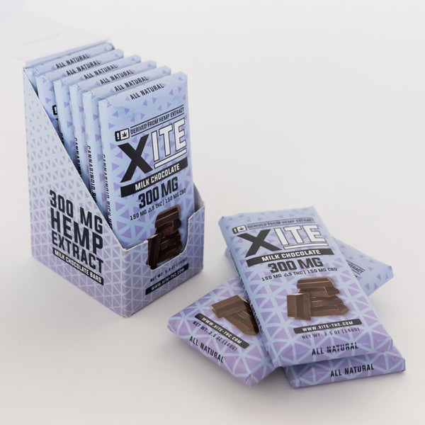 retail display of xite 300mg milk chocolate bars